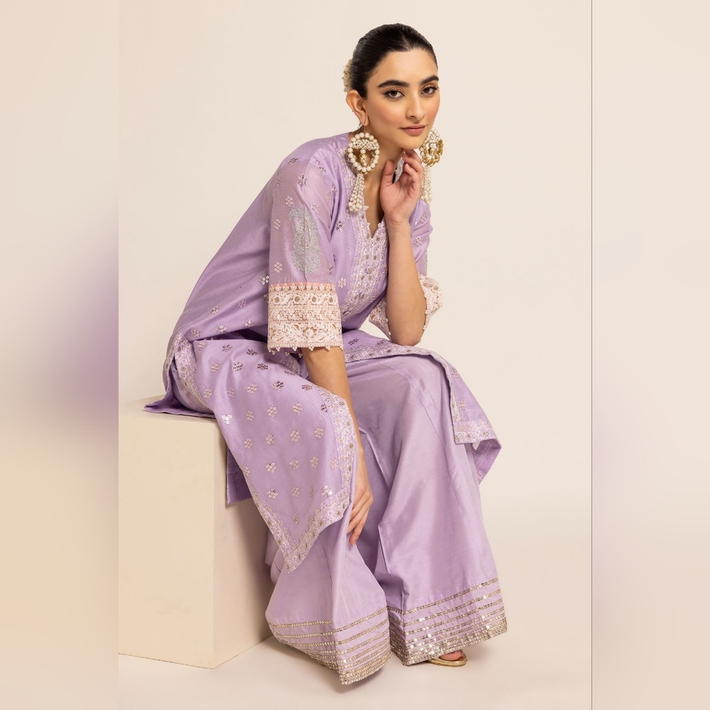 KHAADI Elegant Lavender Kurta Palazo and Duppatta Set with Lace Details